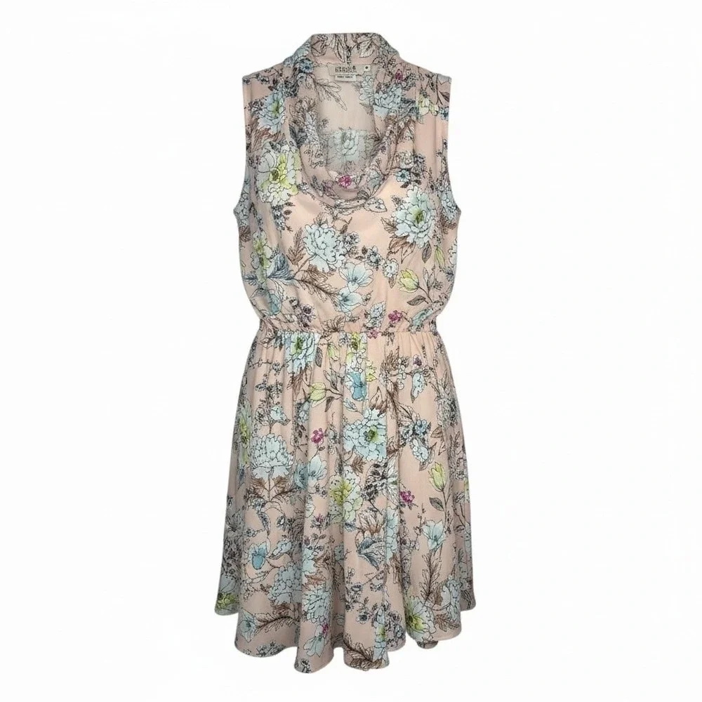 Molly Bracken Floral Tie Neck Mini Dress Womens Size S Pink Sleeveless Fit Flare